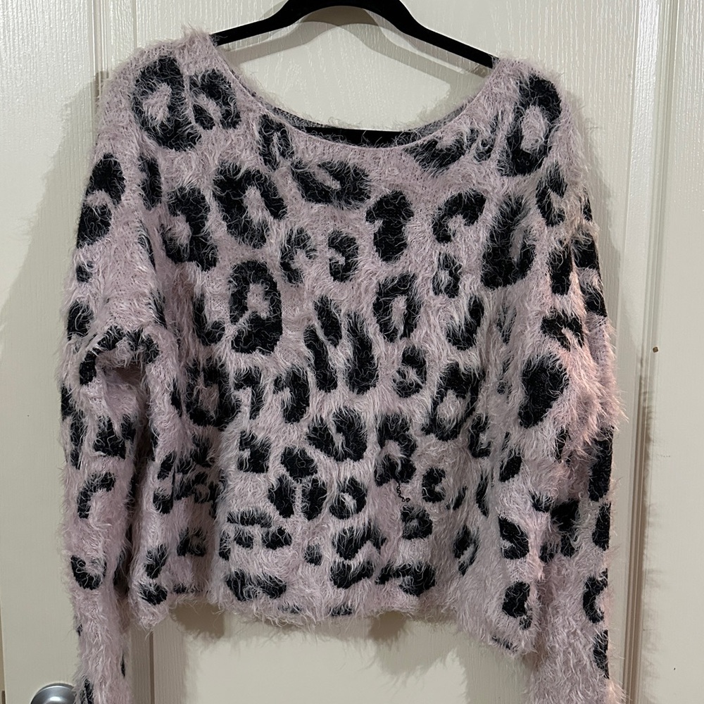 Leopard Print Fuzzy Sweater - Pink and Black